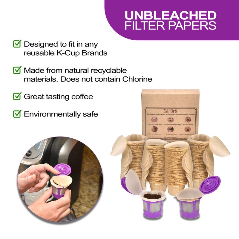 Delibru Unbleached K Cup Filters With Lid for Reusable Coffee Pods - Pack of 300 - Keurig Coffee Filters for K Cup - Natural and Compostable - Image 2